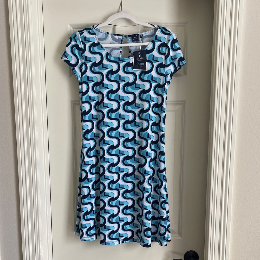 Kaari Blue Aqua Blue, White and Navy Blue Patterned Mini Dress NWT never worn